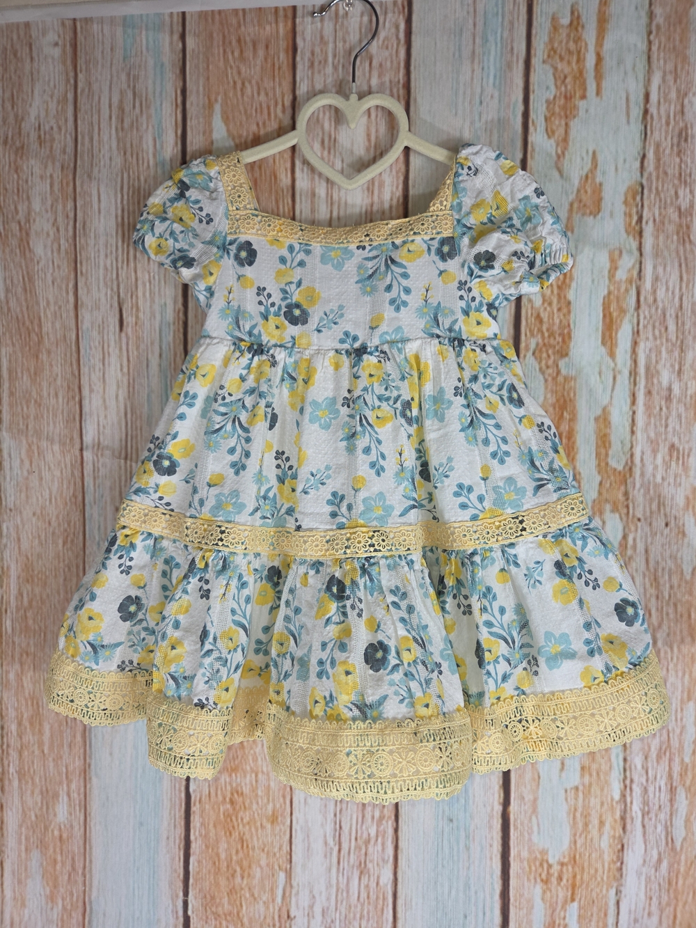 Joie Yellow & Blue Floral Lace-Trim Dress for Girls. 100% Cotton. Size 24m